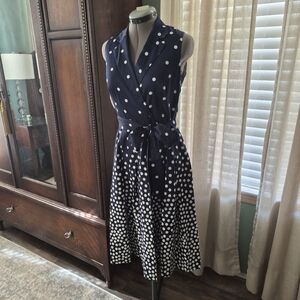 Anne Klein Navy Polka Dot Midi Dress